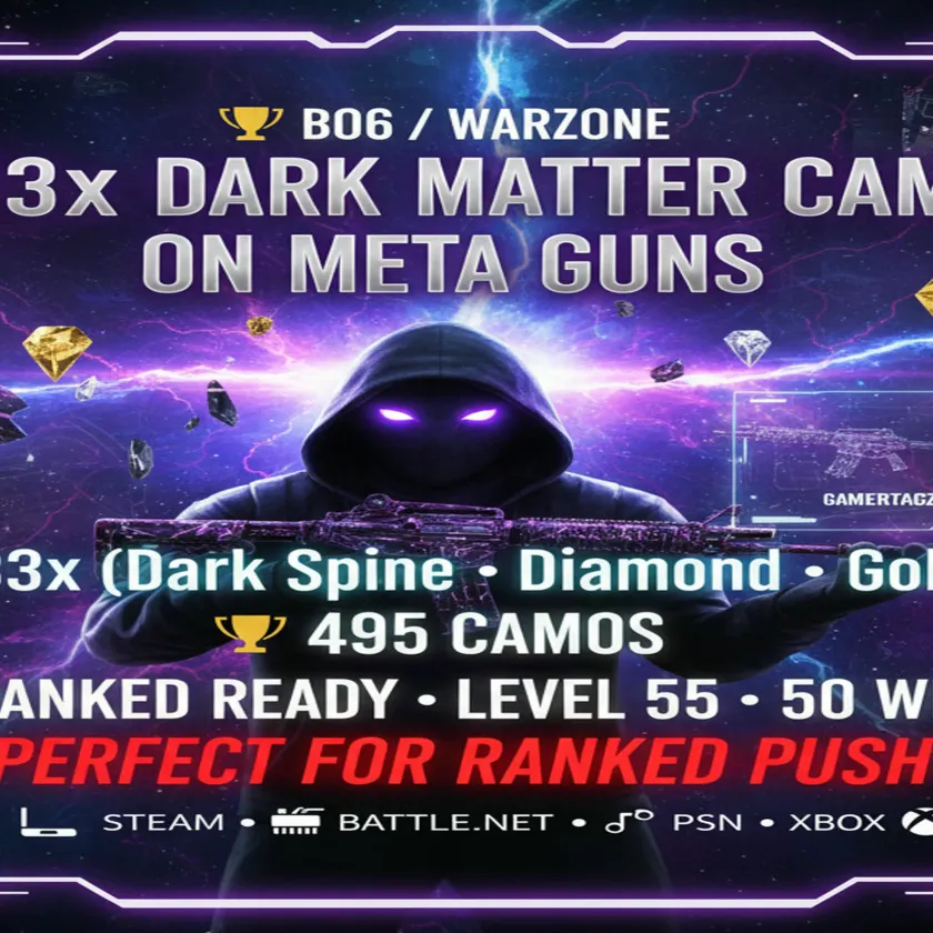 🏆 BO6 / Warzone 🏆 33x Dark Matter Camo on META GUNS 🏆 33x ( Dark Spine , Diamond , Gold ) 🏆 495 Camos 🏆 Ranked Ready 🏆 Level 55
