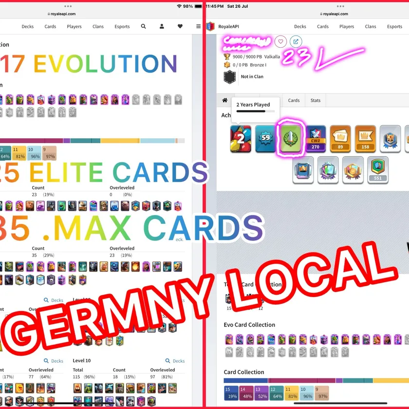 🎯GERMANY LOCAL 🇩🇪1-RARE EMOT WITH 13 KT SKINS🧜(85-MAXED 25- ELITE  17- EVO (💯KT-15 9k- CUPS 59-XP🏆 ( ARENA-23👍🏻( INSTANT DELIVERY🚒