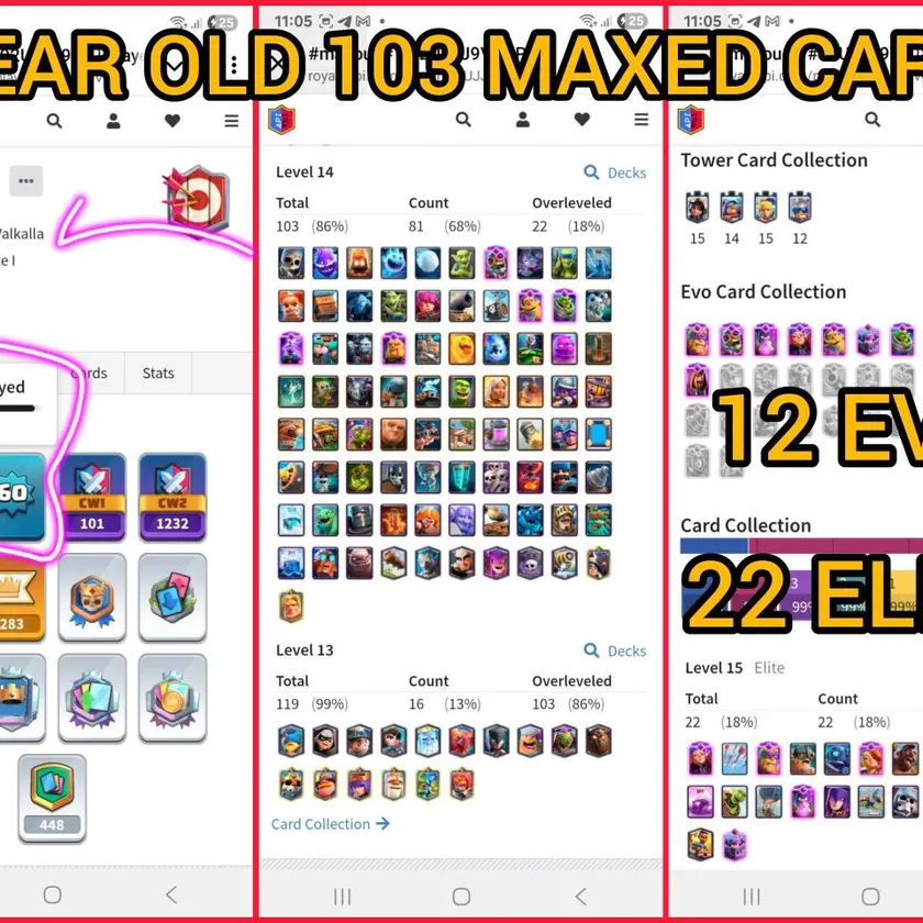 🎯[RARE]👑LEV-60👑12-EVO CARDS😎103-MAX CARD🎯22-ELITES❤️9280-TROPHIES🏆KT-15💫ARENA-23💥164 EMOTES🫧12-KT SKINS👀INSTANT DELIVERY✅