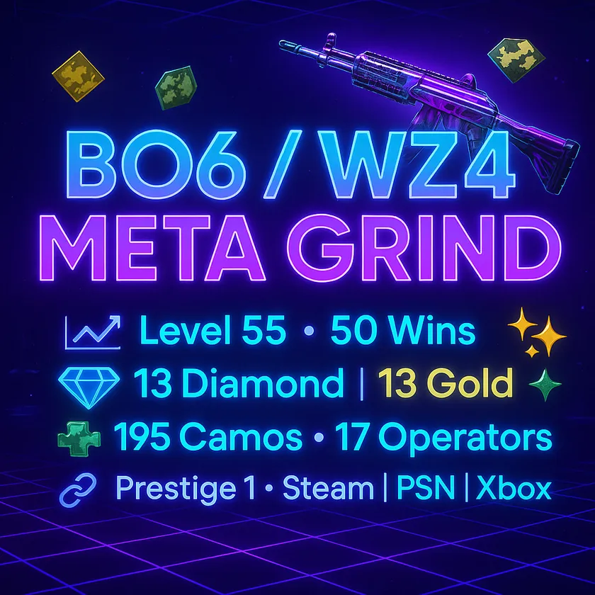 🌌BO6 META STACKED ACCOUNT🌌 13x Diamond Camo (Kilo + CR56) 🛠️ Level 55 | ⚡ 50 Ranked Wins 🏵️ 195 Camos • 13 Diamond • 15 Gold 🎲 18 Operators
