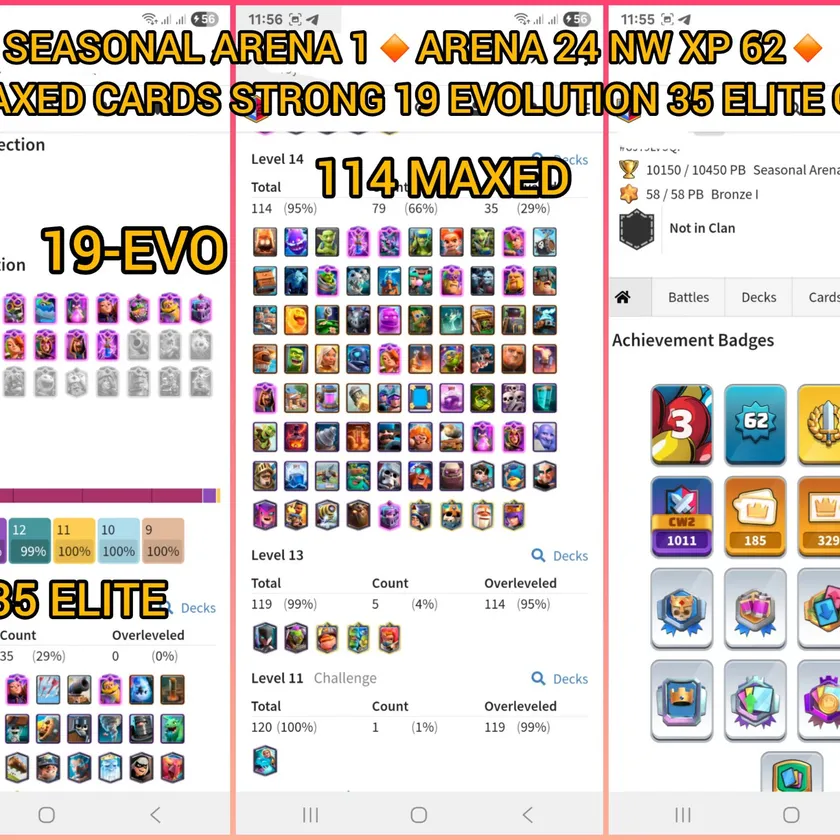 🎯NW UP SA 1 WITH ARENA 24🔥  XP 60 10.5k CUPS KT 15 🏆- 104 MAX 35 ELITE 19 EVO💯- 185 EMOTE👍🏻- 120 CARDS👍🏻 16 TOWER SKINS🧜 INSTANT DELIVERY🚒