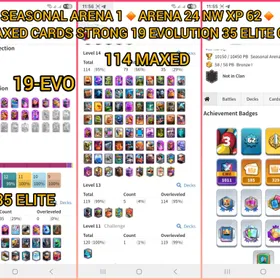 🎯NW UP SA 1 WITH ARENA 24🔥  XP 60 10.5k CUPS KT 15 🏆- 104 MAX 35 ELITE 19 EVO💯- 185 EMOTE👍🏻- 120 CARDS👍🏻 16 TOWER SKINS🧜 INSTANT DELIVERY🚒