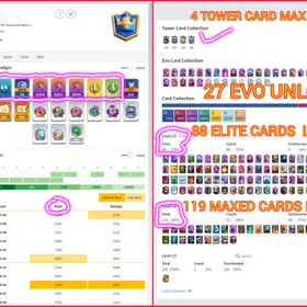 🎯RAREST ACCT(🎉 RANK ACCT WITH RARE EMOTES( 👍🏻 119 MAXED 27 EVO 88 ELITE(💯 KT 15 XP 69 ARENA 24(😍10K CUPS INSTANT DELIVERY 🚒