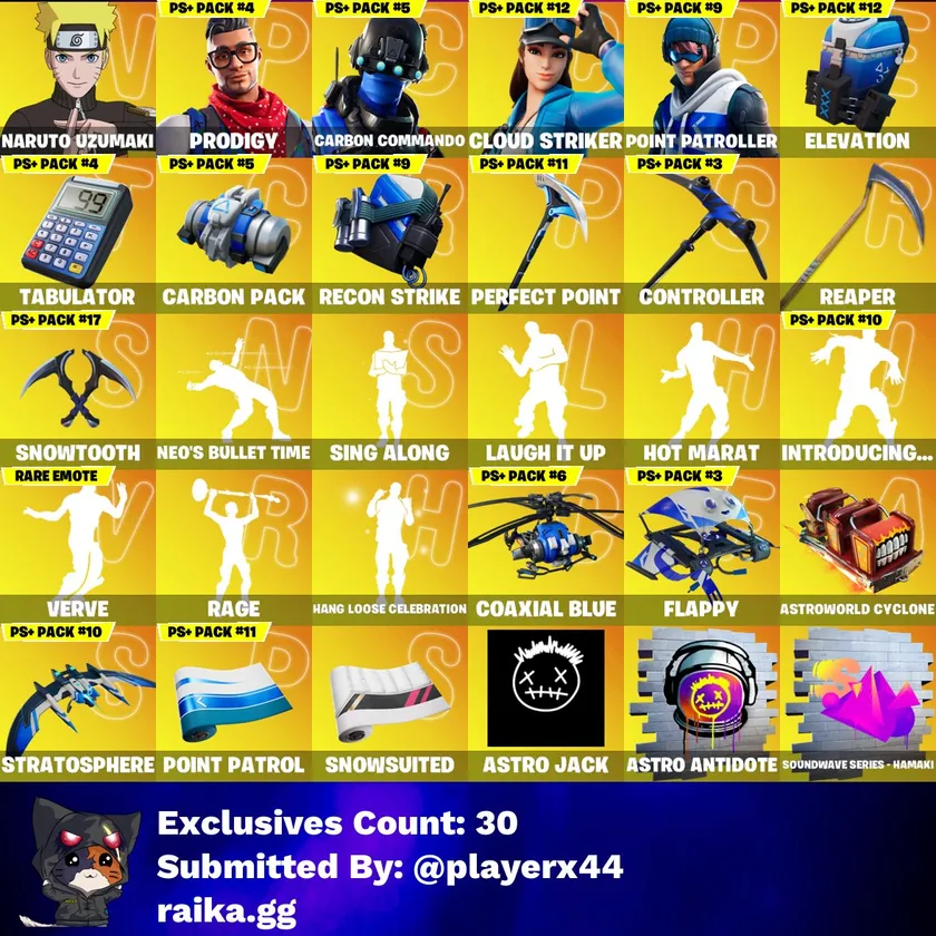 124 skins | Prodigy | Carbon Commando | Cloud Striker | Point Patroller | Naruto Uzumaki | Harbinger Armor Omegarok | STAGE 5 | STAGE 5 | STAGE 8