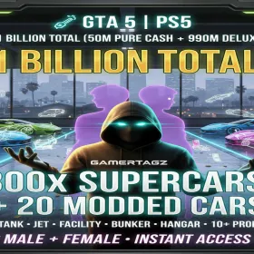 🌊 GTA 5 | PS5 🌊 1 Billion Total ( 50 Million Pure Cash + 990 Million Worth Deluxo ) 🚘 300x Supercars + 20 Modded Cars 🛡️ Tank ✈️ Jet 